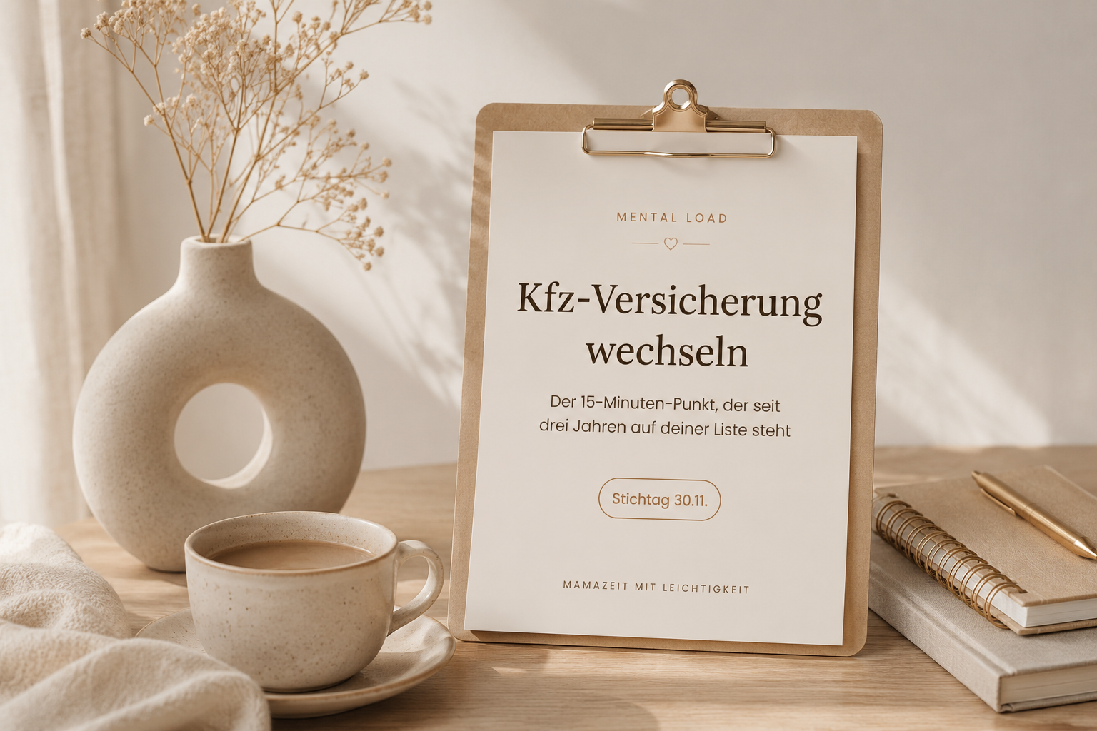 Klemmbrett mit dem Hinweis Kfz-Versicherung wechseln und Stichtag 30. November auf einem Holztisch mit Kaffeetasse und Trockenblumen